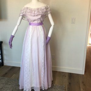 Vintage White & Purple Lace Ruffle Formal Dress